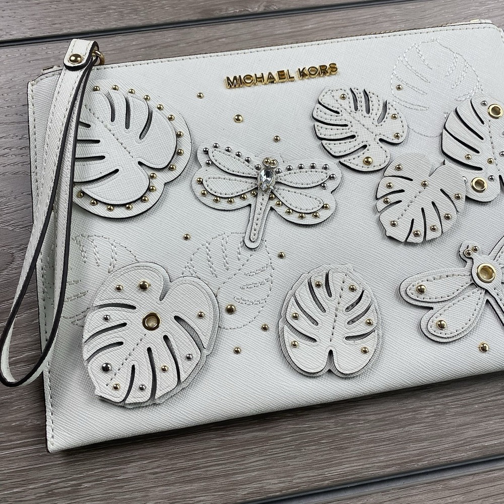 Michael Kors Jet Set Wristlet Clutch Dragonfly Monstera Leaf White 9.5"x6.5" - Picture 2 of 7